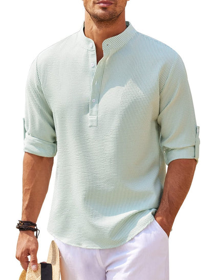 Men's Casual Long Sleeve Stand Collar Shirt – Solid Color Fashion Top