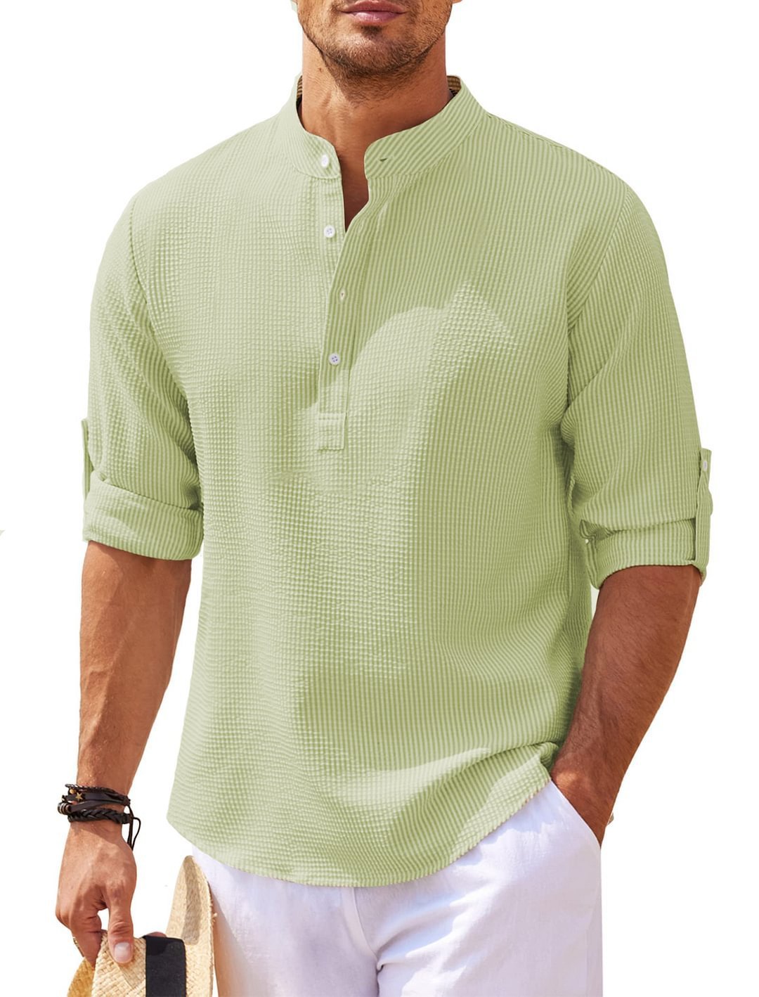 Men's Casual Long Sleeve Stand Collar Shirt – Solid Color Fashion Top