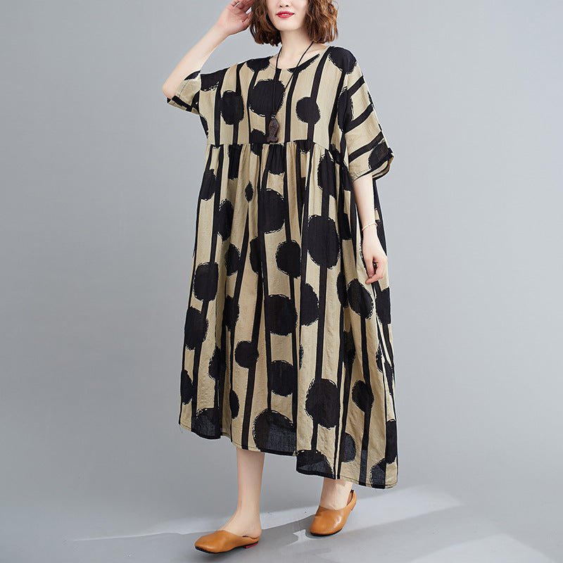 Literary Fat MM Large Size Loose Print Short Sleeve Dress