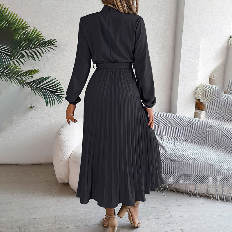 Women’s High Neck Pleated Maxi Dress – Elegant Solid Color Flowy Style