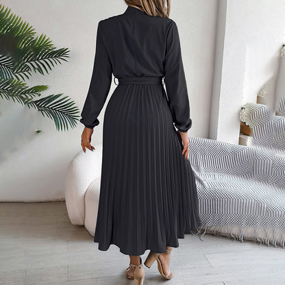 Women’s High Neck Pleated Maxi Dress – Elegant Solid Color Flowy Style