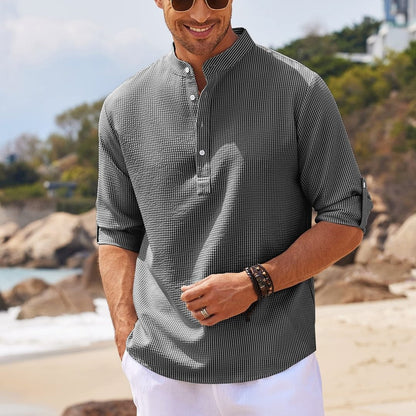 Men's Casual Long Sleeve Stand Collar Shirt – Solid Color Fashion Top