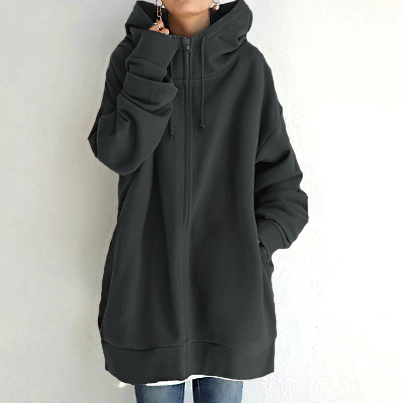 Women’s Oversized Hooded Coat – Velvet Long Zip-Up Sweatshirt with Tie Collar