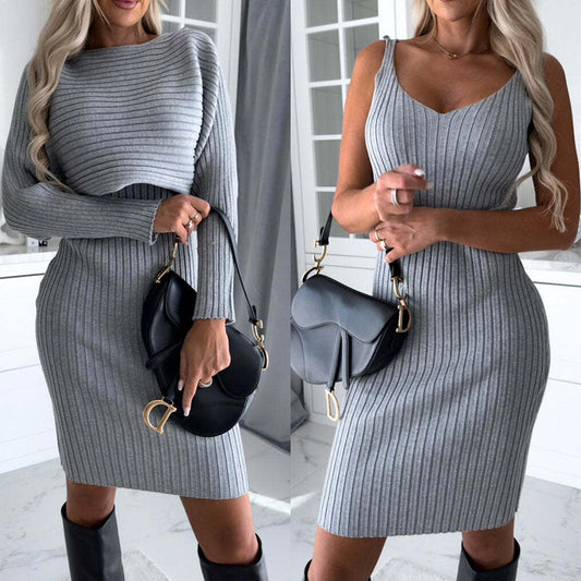 Women’s 2-Piece Set – Long-Sleeve Top & Striped Suspender Skirt