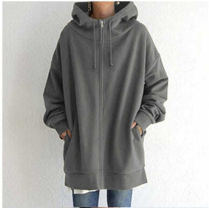 Women’s Oversized Hooded Coat – Velvet Long Zip-Up Sweatshirt with Tie Collar