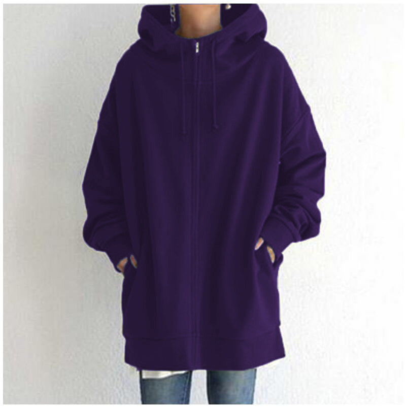 Women’s Oversized Hooded Coat – Velvet Long Zip-Up Sweatshirt with Tie Collar