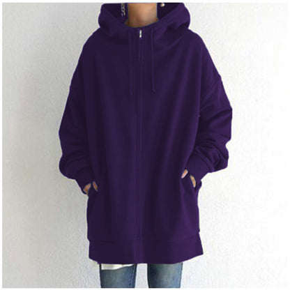 Women’s Oversized Hooded Coat – Velvet Long Zip-Up Sweatshirt with Tie Collar