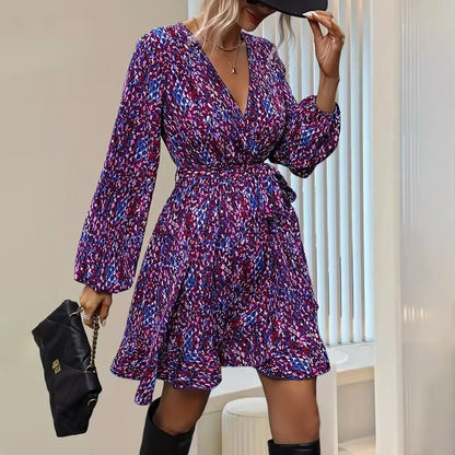 Women’s Leopard Print V-Neck Belted A-Line Dress