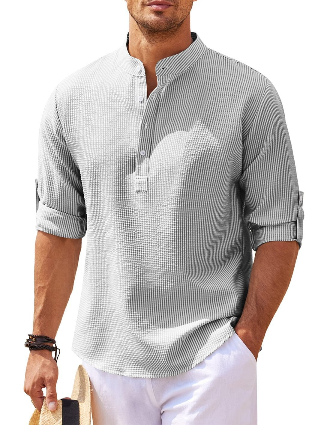 Men's Casual Long Sleeve Stand Collar Shirt – Solid Color Fashion Top