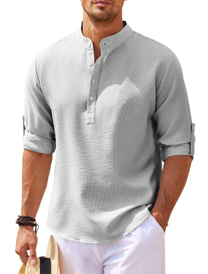 Men's Casual Long Sleeve Stand Collar Shirt – Solid Color Fashion Top