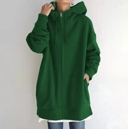 Women’s Oversized Hooded Coat – Velvet Long Zip-Up Sweatshirt with Tie Collar