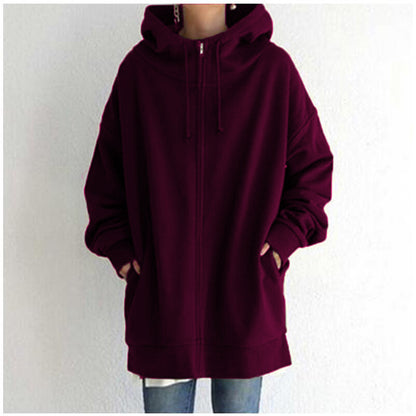 Women’s Oversized Hooded Coat – Velvet Long Zip-Up Sweatshirt with Tie Collar