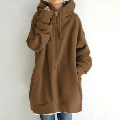 Women’s Oversized Hooded Coat – Velvet Long Zip-Up Sweatshirt with Tie Collar