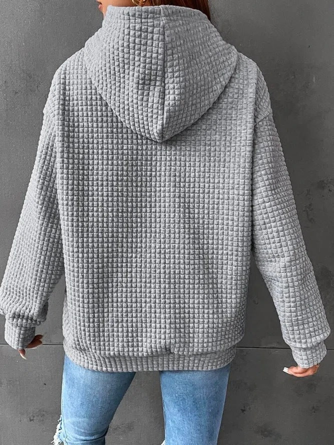 Small Plaid Pocket Long Sleeved Solid Color Top Hoodie